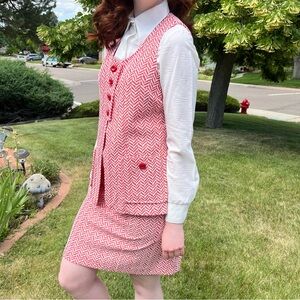 Vintage 1960 70 Mod Red white Herringbone Long Vest Skirt Suit Set Small